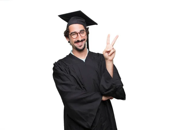 Graduate Bearded Man Smiling Looking Satisfied Happy Counting Number Three — стоковое фото