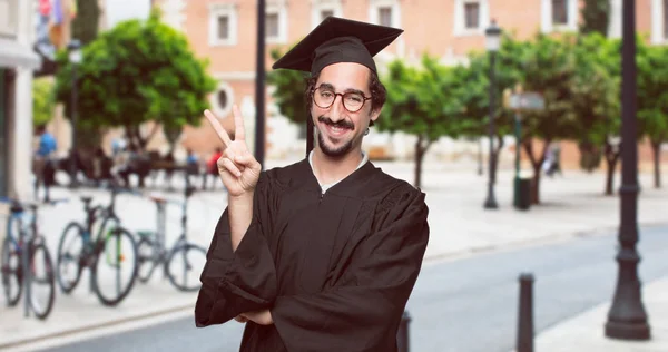 Graduate Bearded Man Smiling Looking Satisfied Happy Counting Number Three — стоковое фото